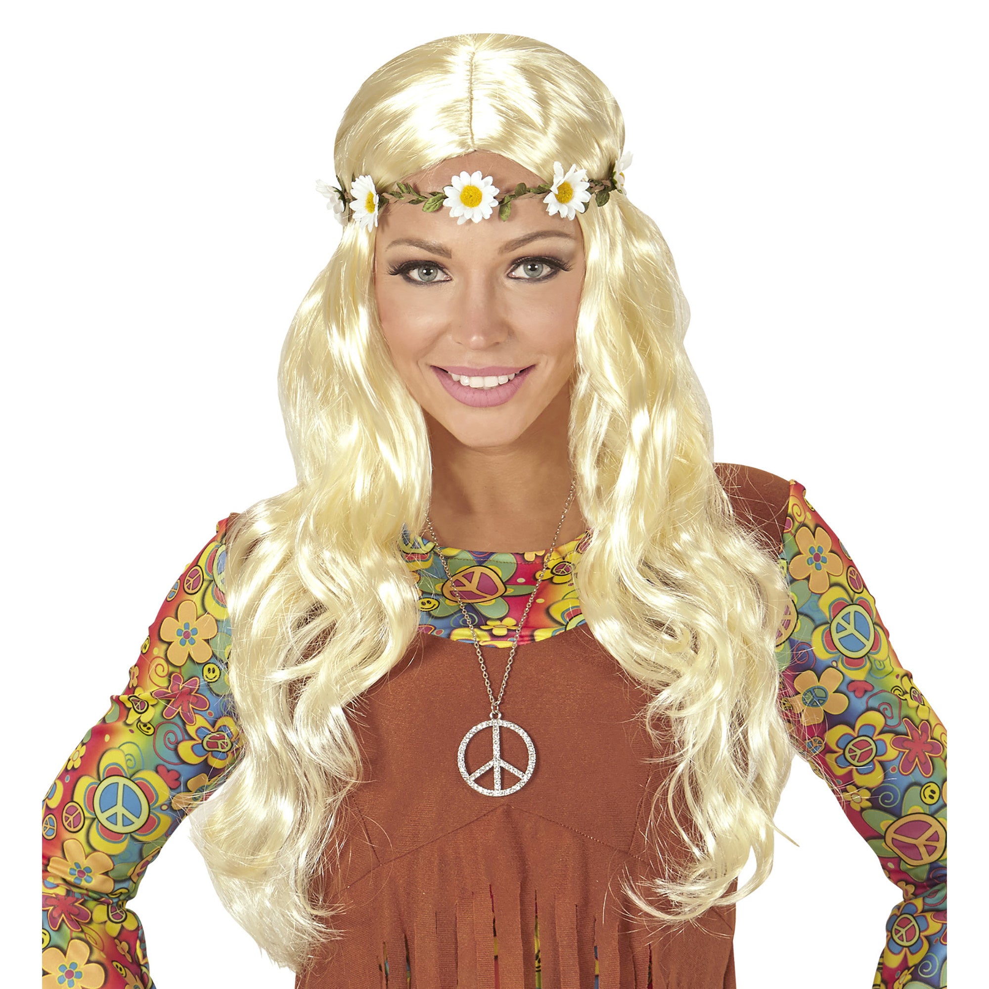 Pruik Hippie/ Middeleeuwen Blond Met Bloemen Hoofdband | One Size