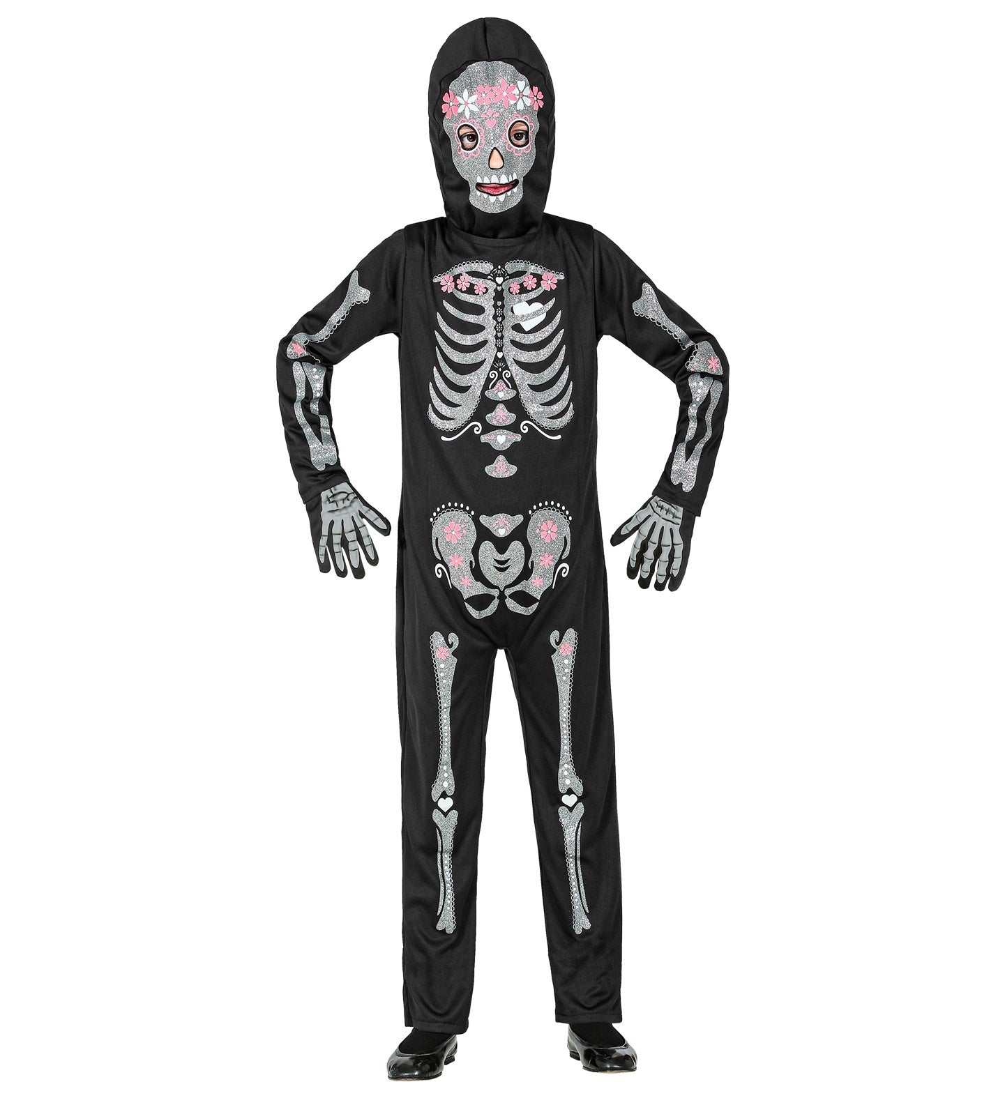 Widmann - Spook & Skelet Kostuum - Glitter En Glamour Hollywood Skelet Kind Kostuum - zwart,wit / beige - Maat 116 - Halloween - Verkleedkleding