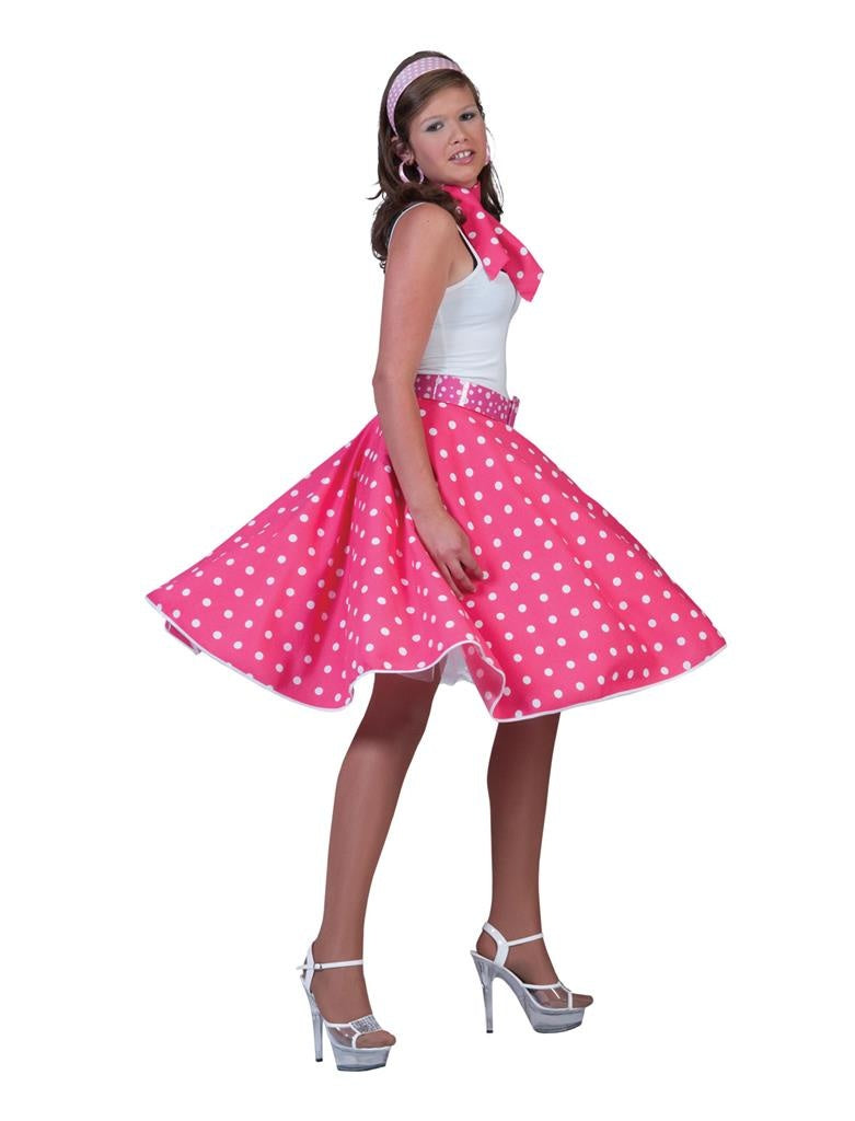 Verkleedpak rok en sjaal roze (met witte stippen) Rock 'N Roll Skirt Pink (White Dots) Onesize
