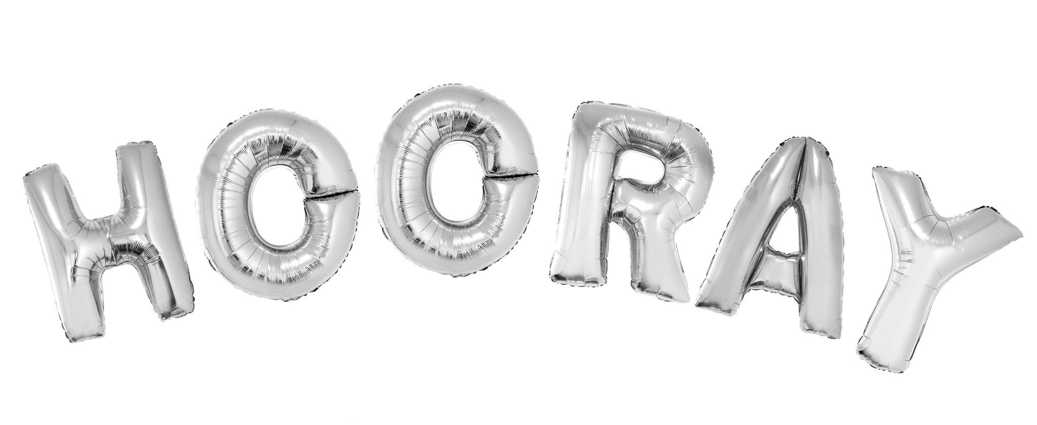 Folie ballonset zilver met letters HOORAY 102 cm + geschenklint 10m met 4 witte strikken