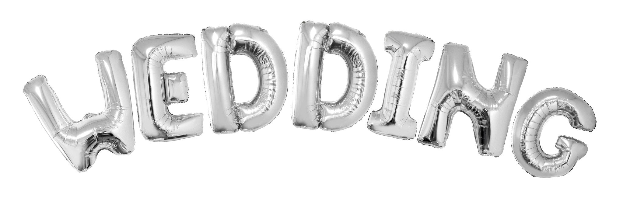 Folie ballonset zilver met letters WEDDING 102 cm + geschenklint 10m met 4 witte strikken