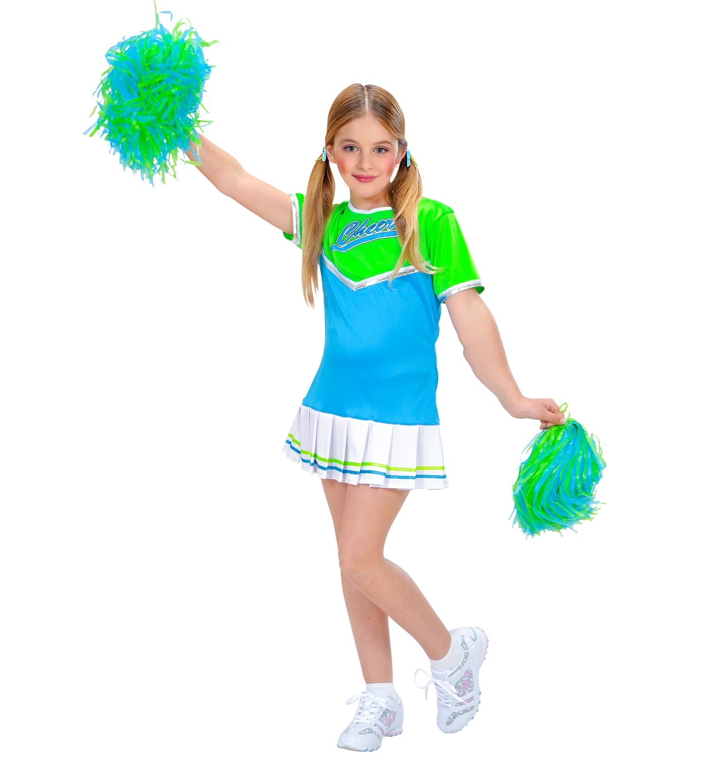 Widmann - Cheerleader Kostuum - Cheer Cheer Highschool Kind - Meisje - blauw,groen - Maat 140 - Carnavalskleding - Verkleedkleding