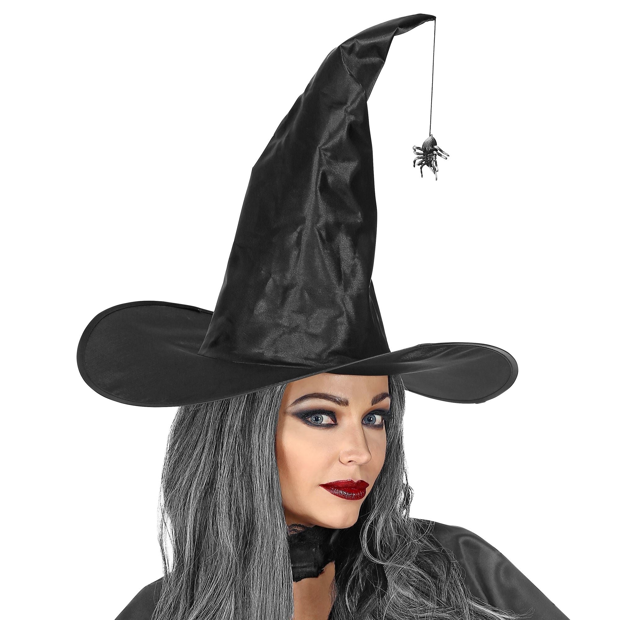 Widmann - Heks & Spider Lady & Voodoo & Duistere Religie Kostuum - Heksenhoed Met Bungelende Spin - zwart - Halloween - Verkleedkleding
