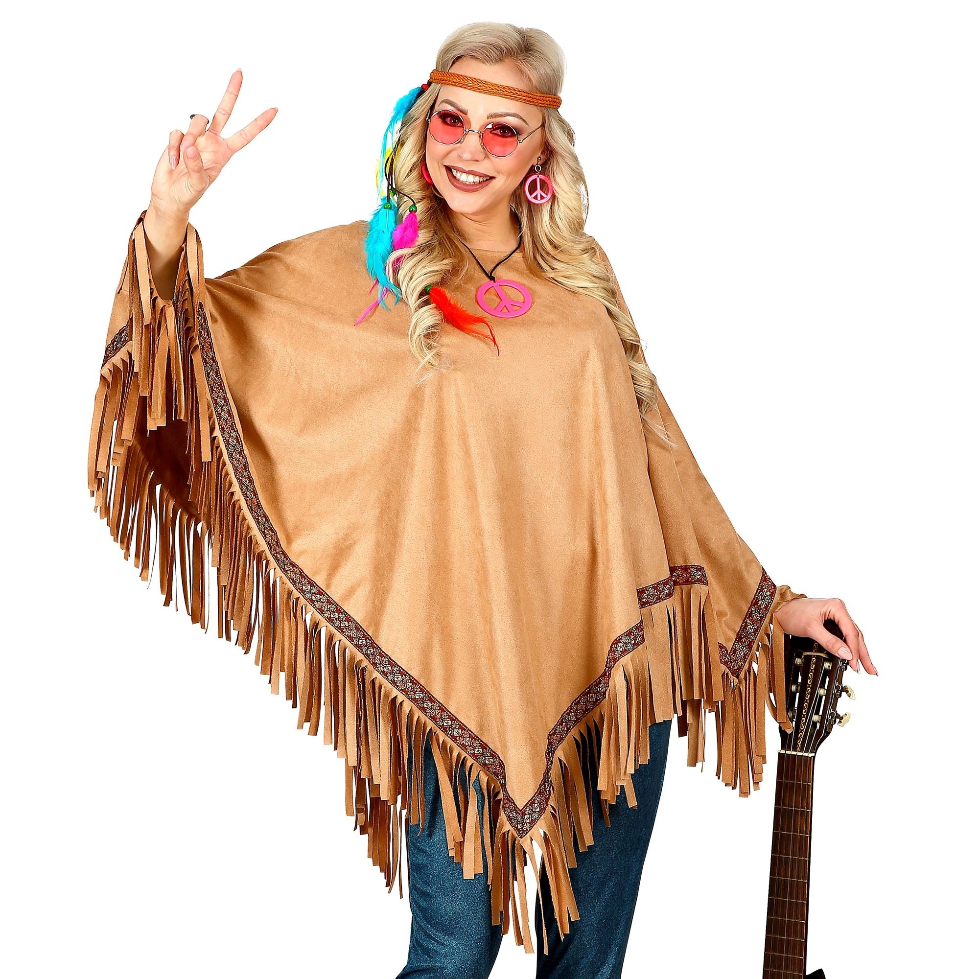 Widmann - Indiaan Kostuum - Luxe Zandbruine Indianen Poncho Lonesome Cowboy - bruin - One Size - Carnavalskleding - Verkleedkleding