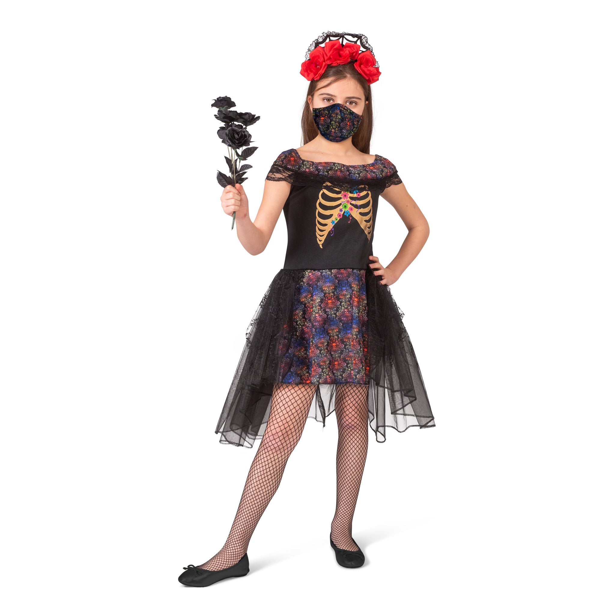 Funny Fashion - Spaans & Mexicaans Kostuum - Day Of The Dead Duistere Zwarte Bruid - Meisje - zwart - Maat 152 - Halloween - Verkleedkleding