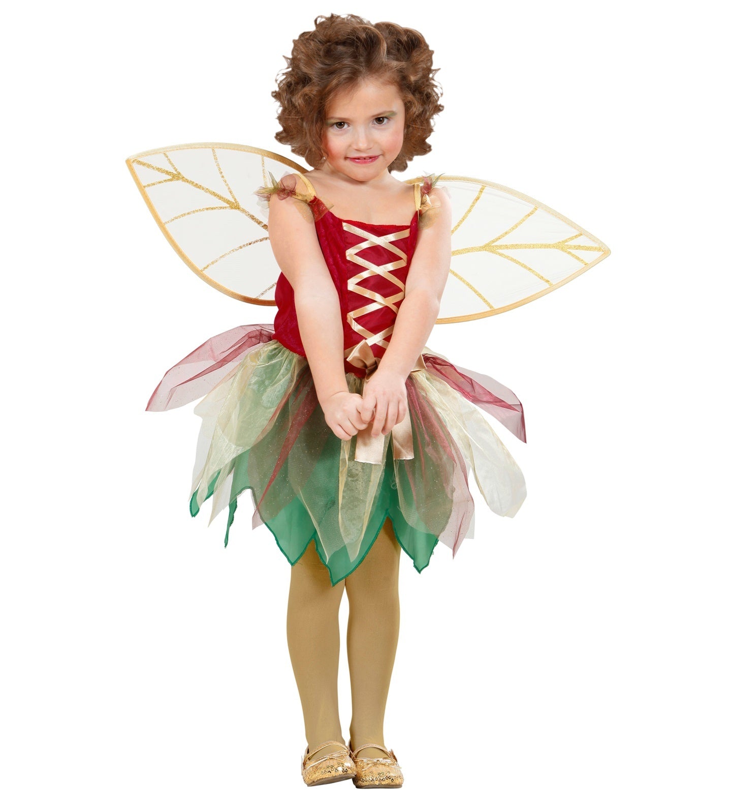 Widmann - Elfen Feeen & Fantasy Kostuum - Vrolijke Fladder Fee Gouden Vleugels - Meisje - rood,groen,goud - Maat 110 - Carnavalskleding - Verkleedkleding