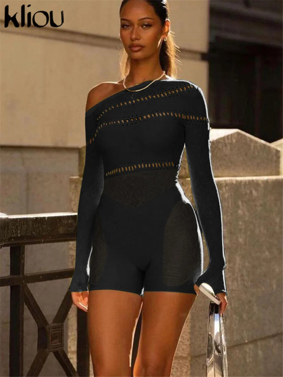 Sexy Hollow Out Patchwork Inclined Shoulder Playsuit for Women