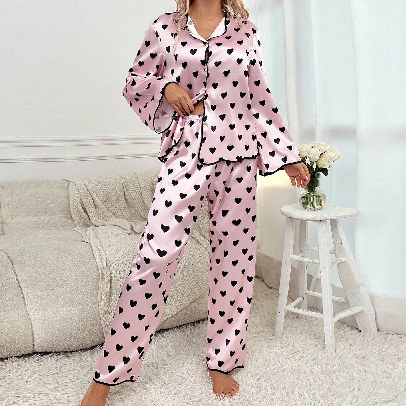 Heart Print Sleepwear Set: Button Down Top + Elastic Waist Pants - Image 4