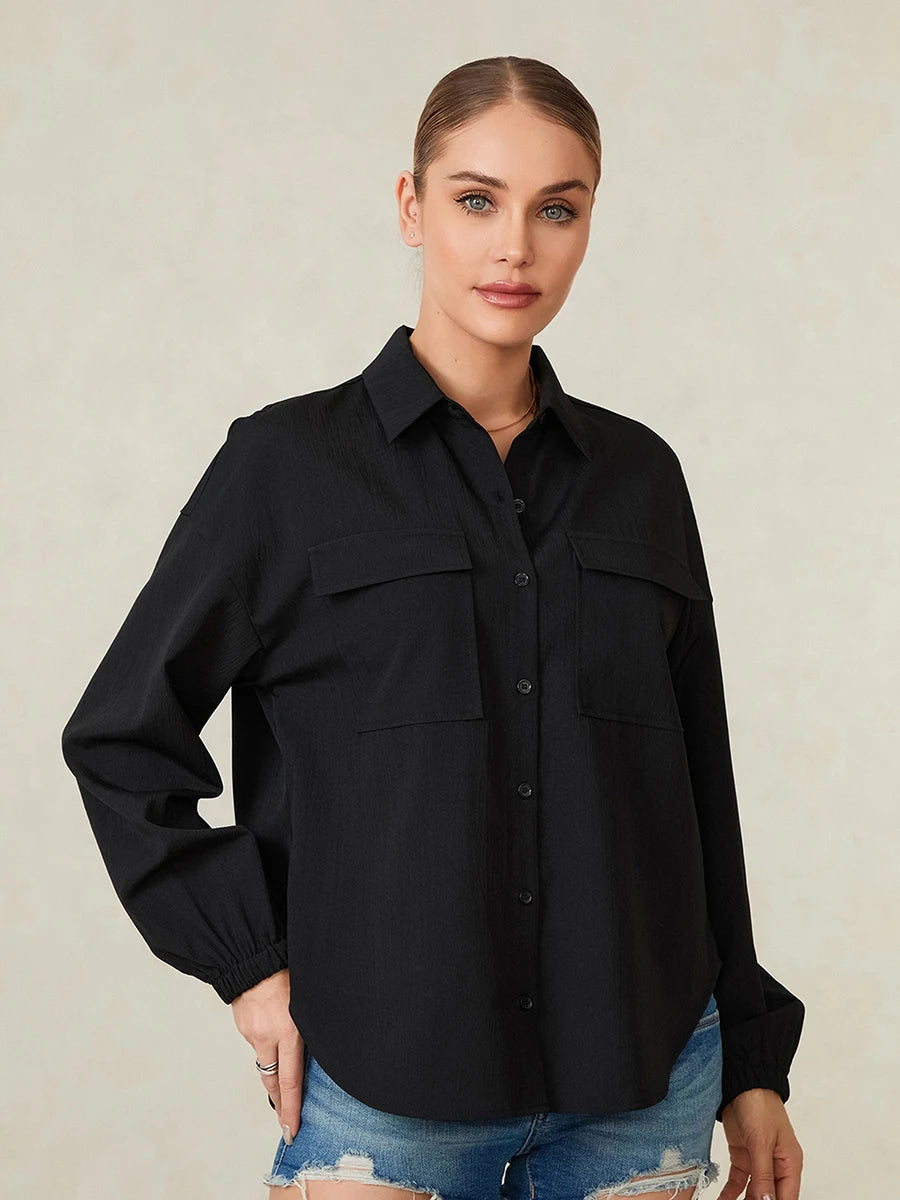 Lapel casual office lady tops women spring/fall solid color shirt. - Image 7