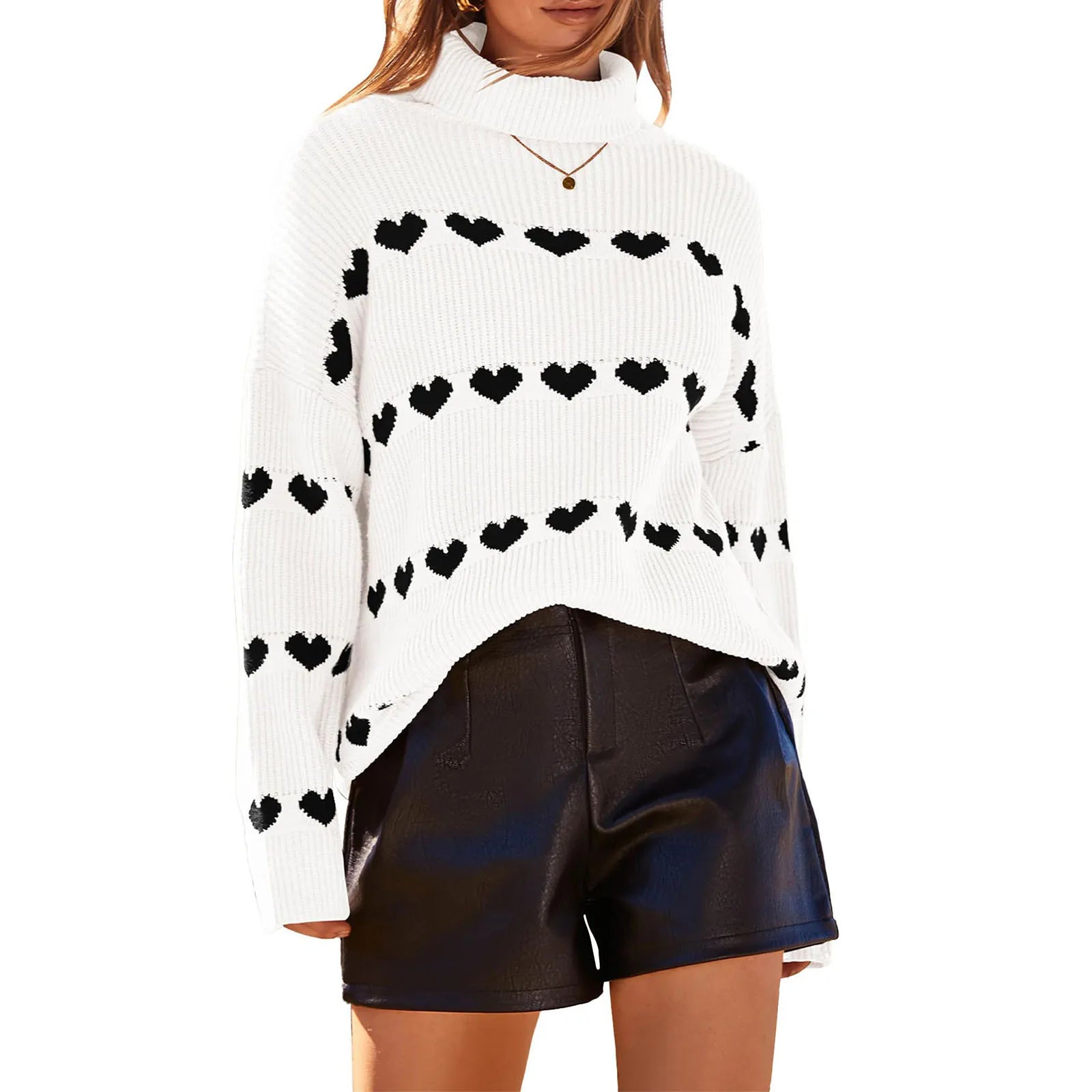 Heart Print Long Sleeve Turtleneck Sweaters for Women - Image 9