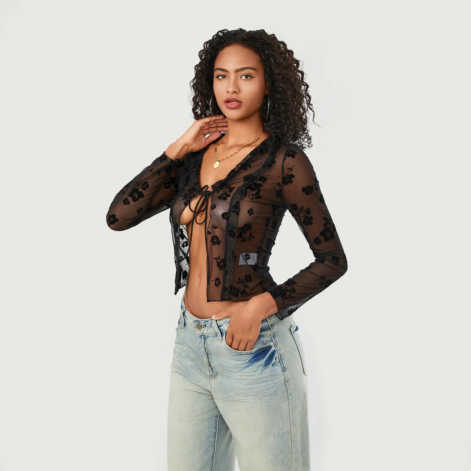 Floral Print Long Sleeve V Neck Blouse Tops for Women - Image 6