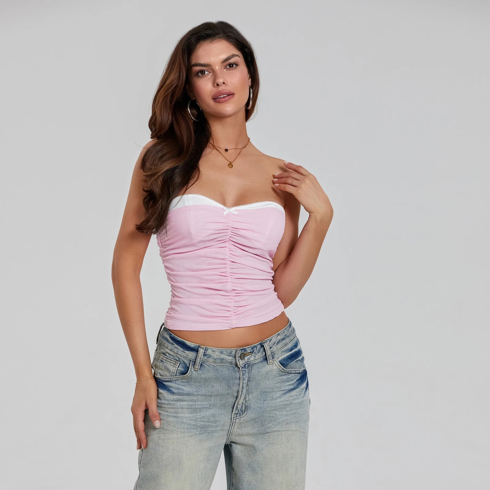 Color Block Bandeau Crop Tops - Bows, Ruching, Slim Fit