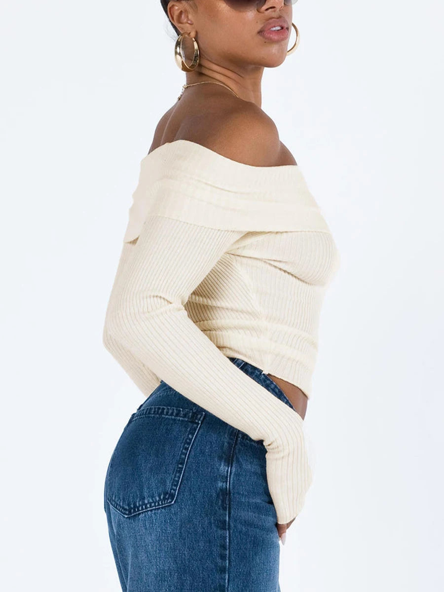 Ribbed Off-Shoulder Cropped Tops Boat Neck Long Sleeve Sweater - Image 4