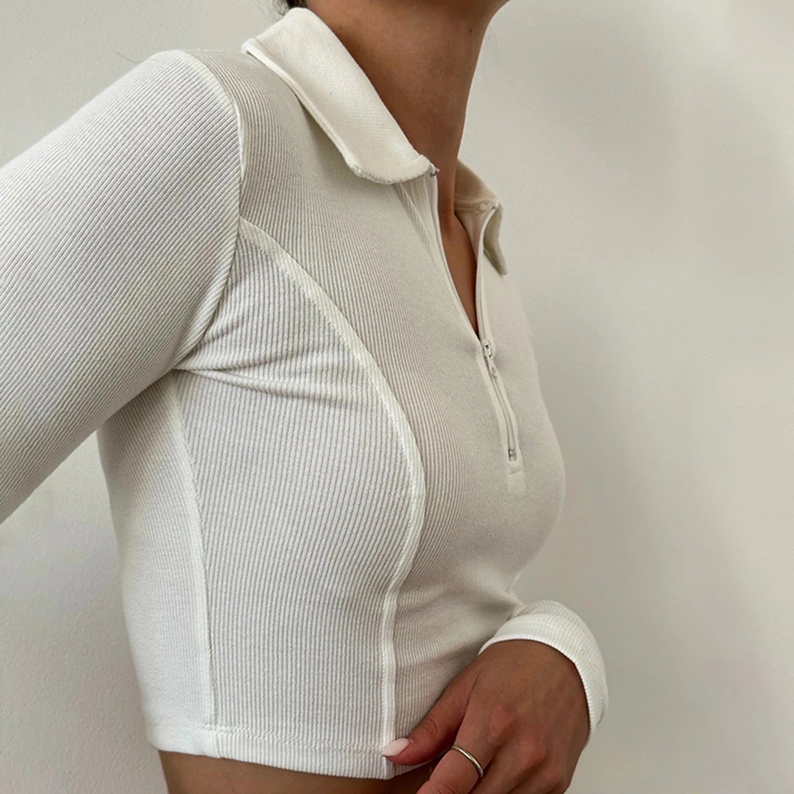 Ribbed Lapel Long Sleeve Crop T-Shirt: Women's Casual Sports Top - Image 4