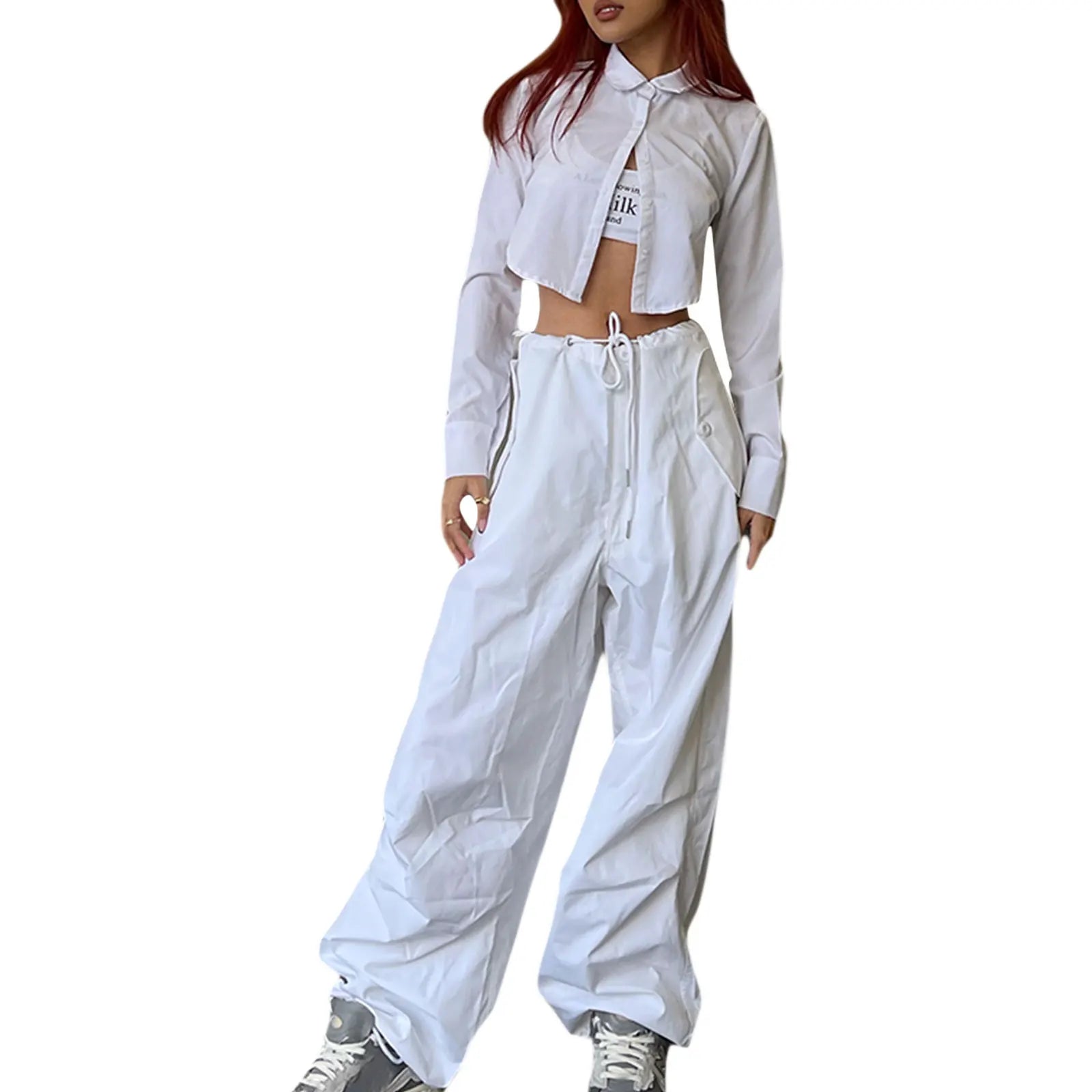 Solid Color Elastic Waist Drawstring Casual Cargo Pants for Women - Image 4