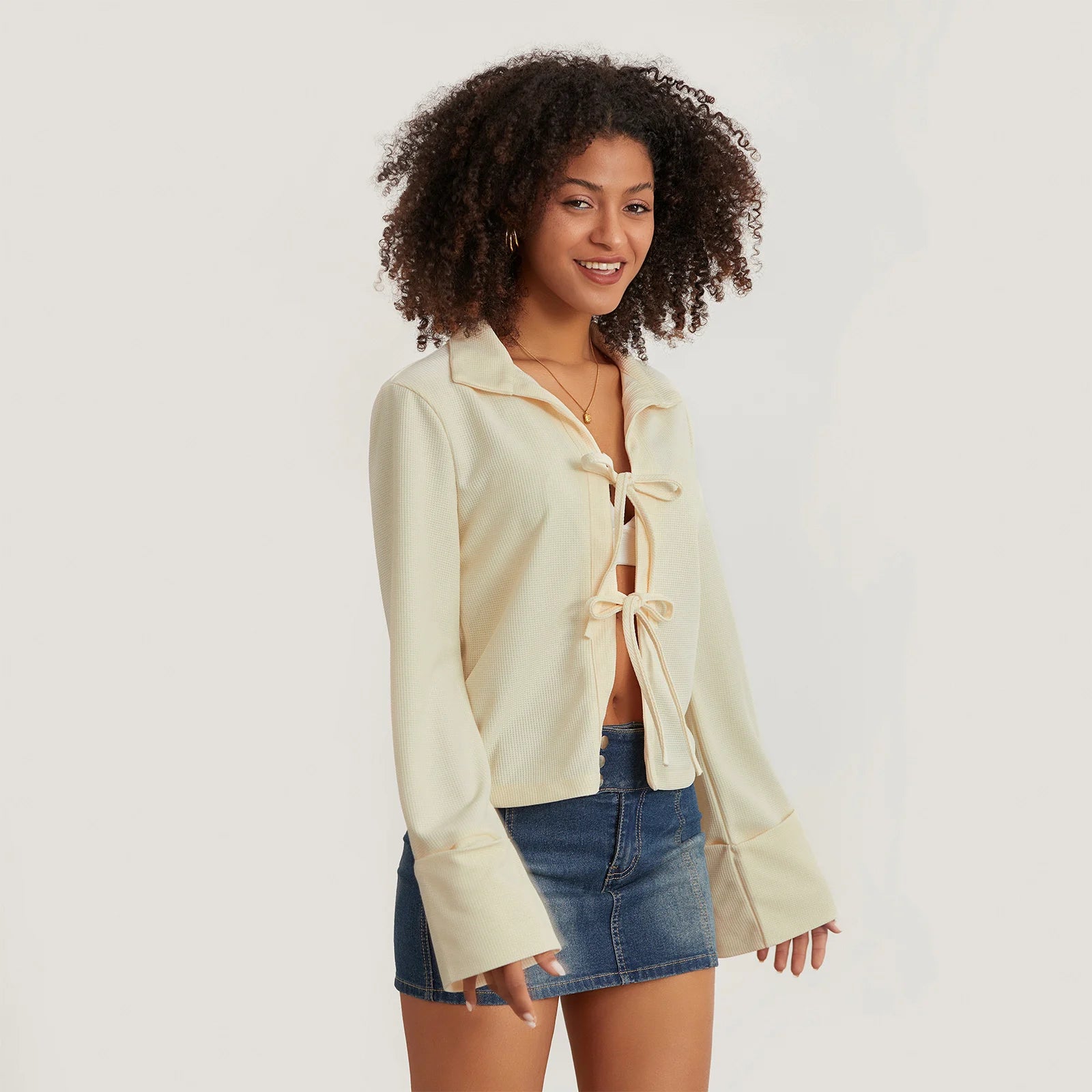 Womens Tie-Up Front Long Sleeve Cardigan - Casual Streetwear - Image 4