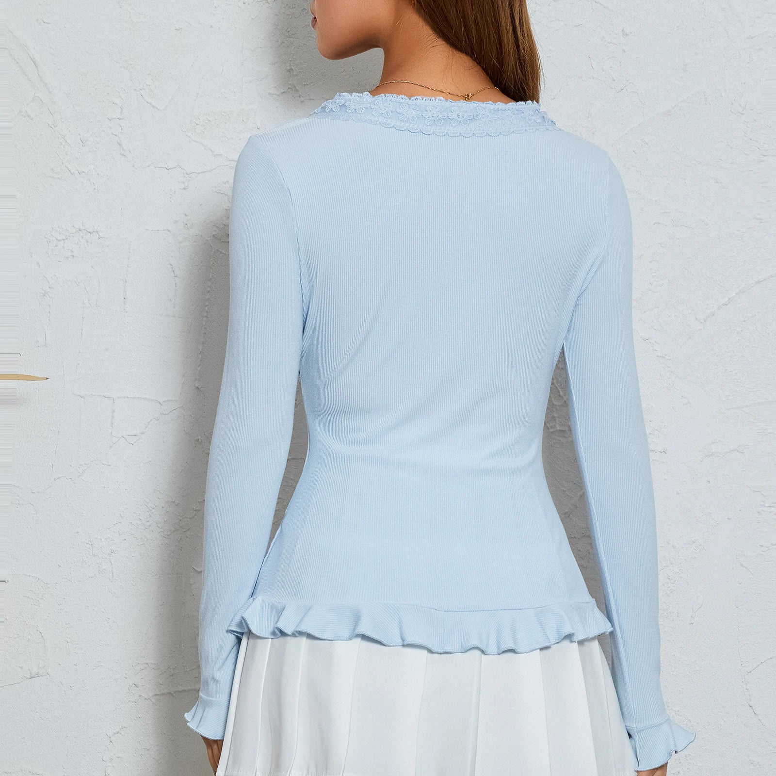 Women's Slim Knitwear Ribbed Tops: V Neck Long Sleeve Shirt - Image 5