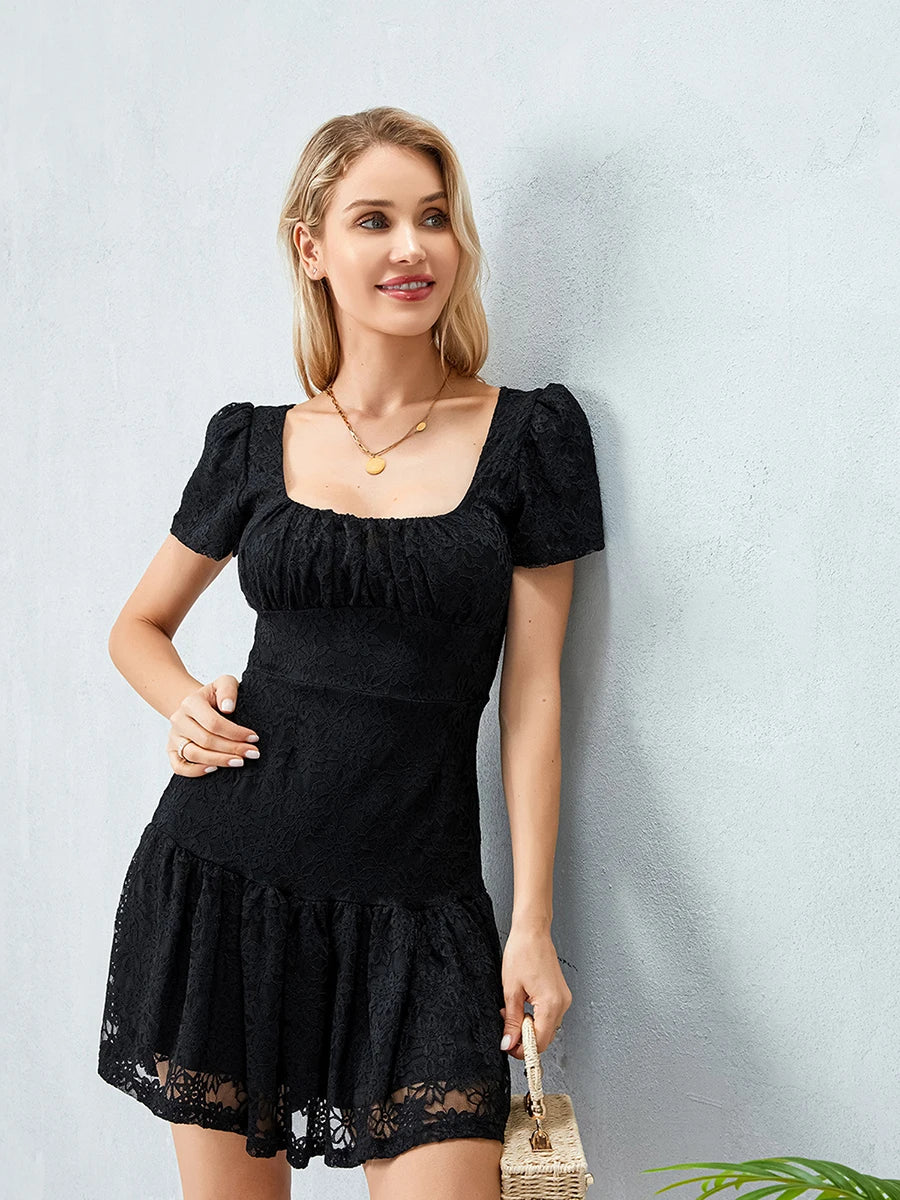 Women's Square Neck Back Bandage A-Line Dress - Black/White - Image 6