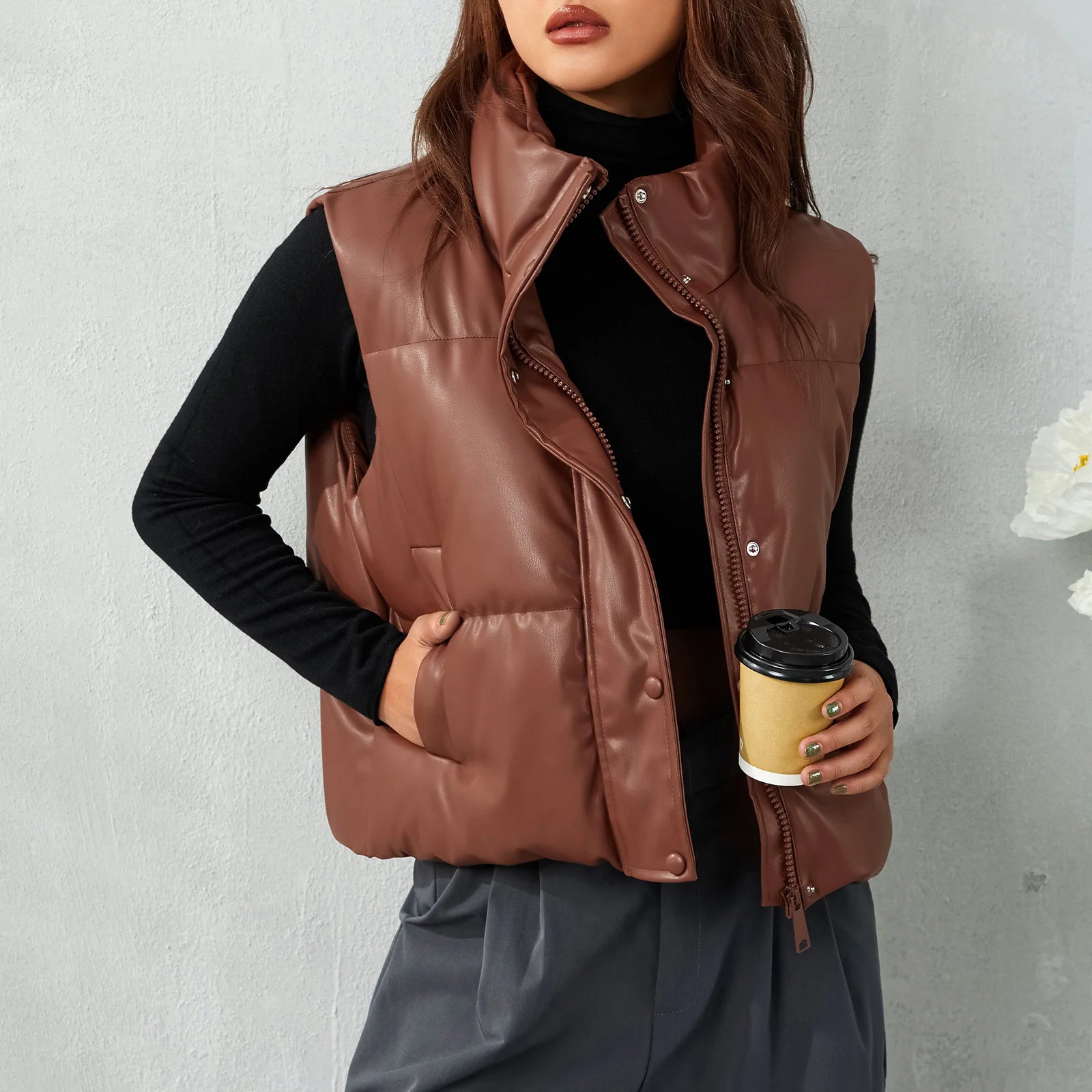 Women's Sleeveless Vest Coat with Zip-Up and Side Pockets - Image 5