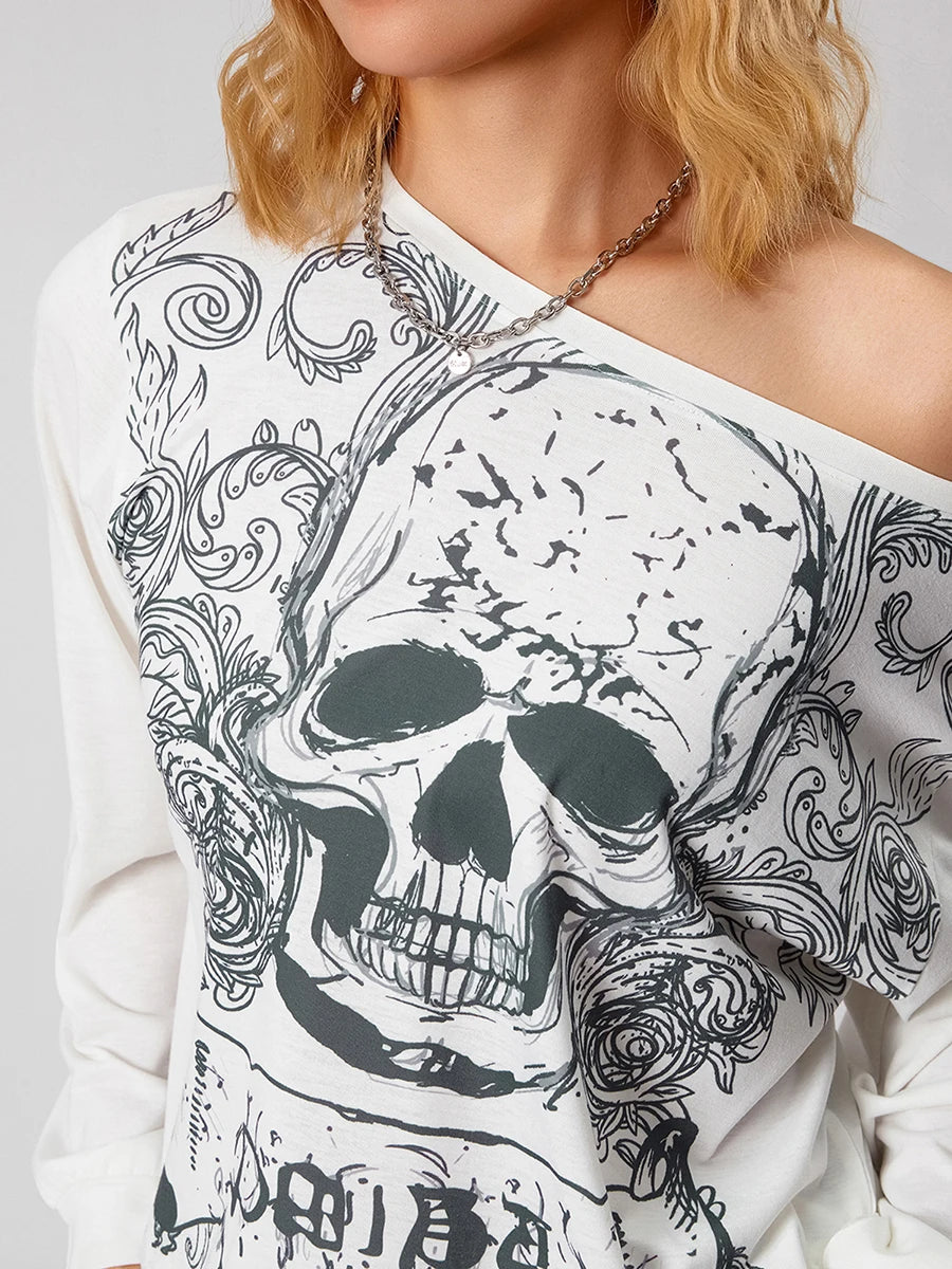 Women's Skull Printed Slant Shoulder Long Sleeve Street T-Shirt - Image 6
