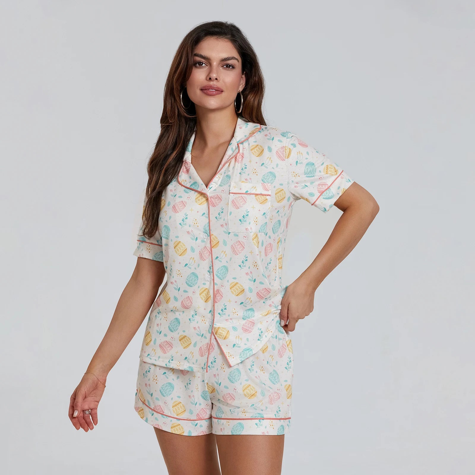 Women's Summer Cartoon Egg Print Loungewear Set with Shorts
