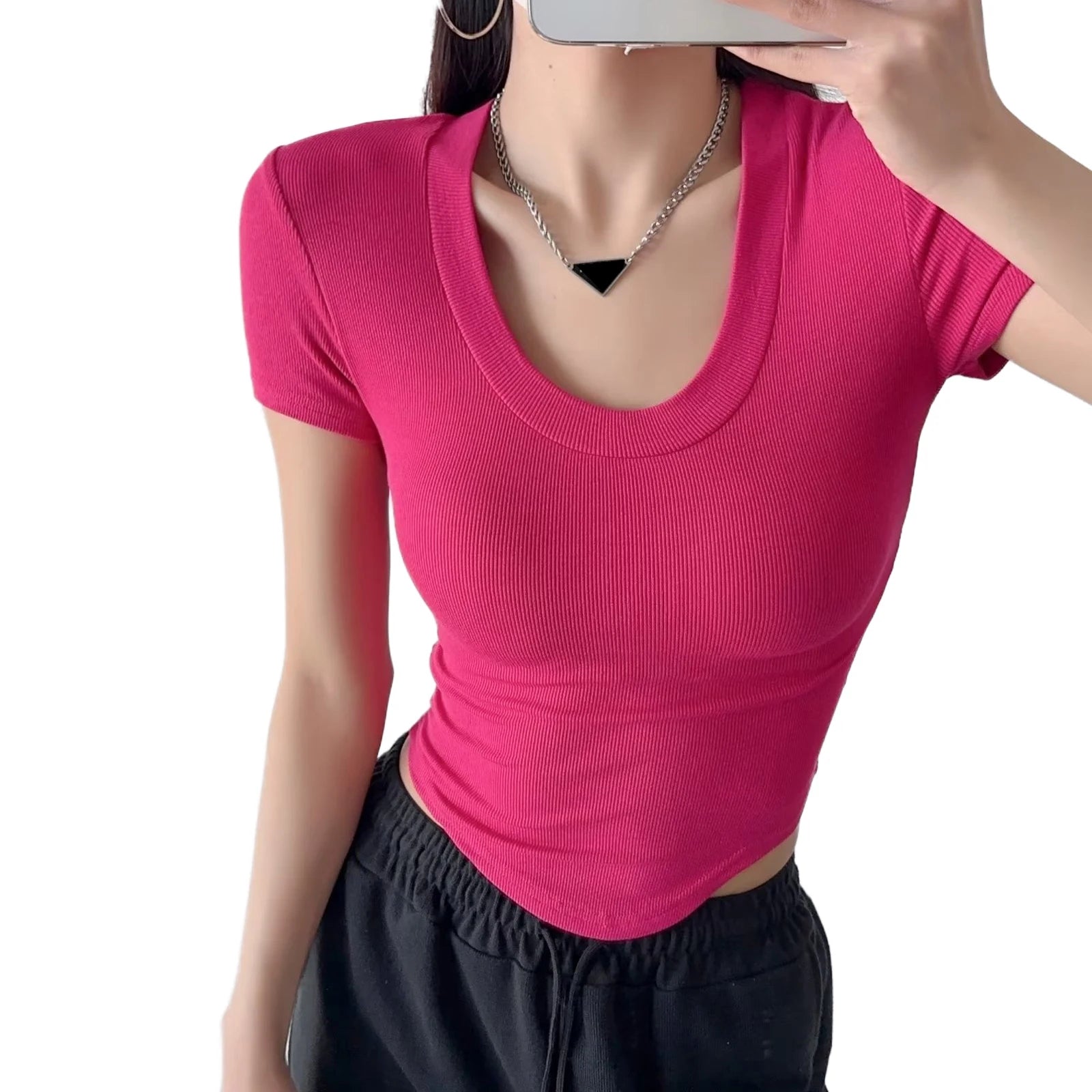 Women's Summer Skinny Solid Color Slim Crop Top T-shirt - Image 17