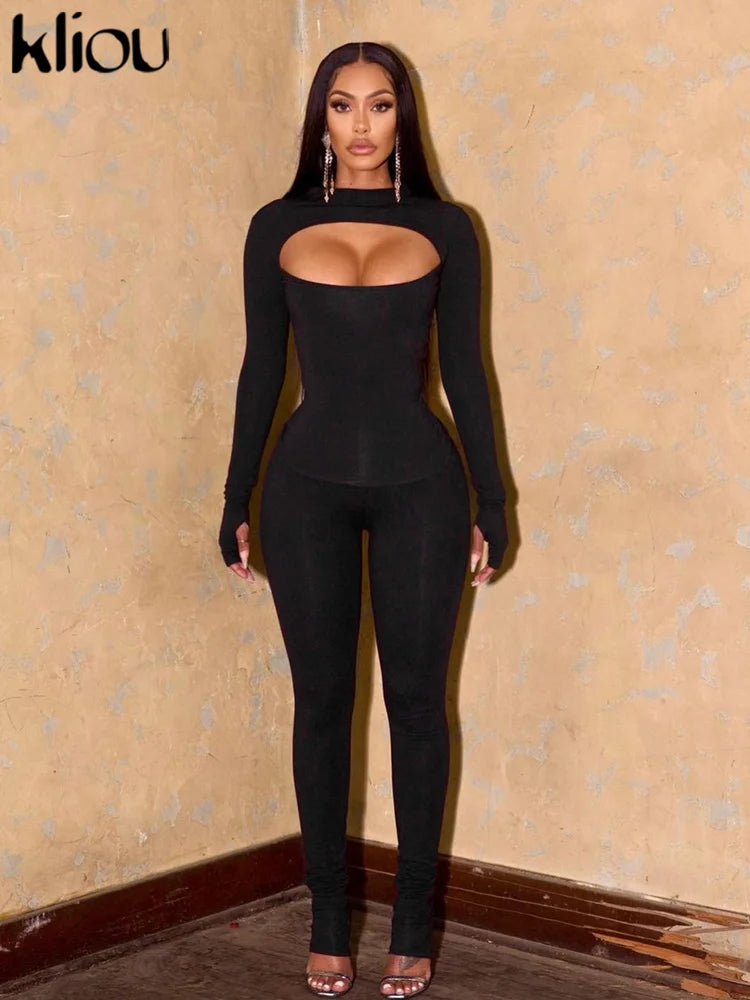 Autumn Casual Women Two Piece Set - Solid Cut Out T-shirt & Pants
