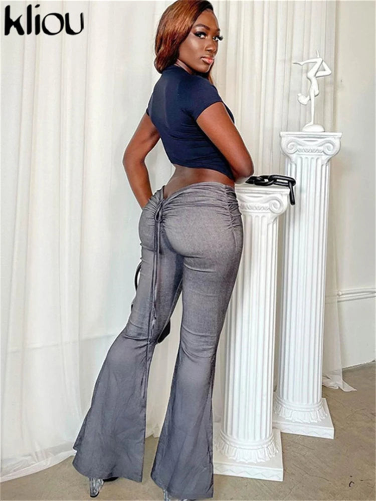 Low Waist Flare Pants with Drawstring Ruched Details - Image 3