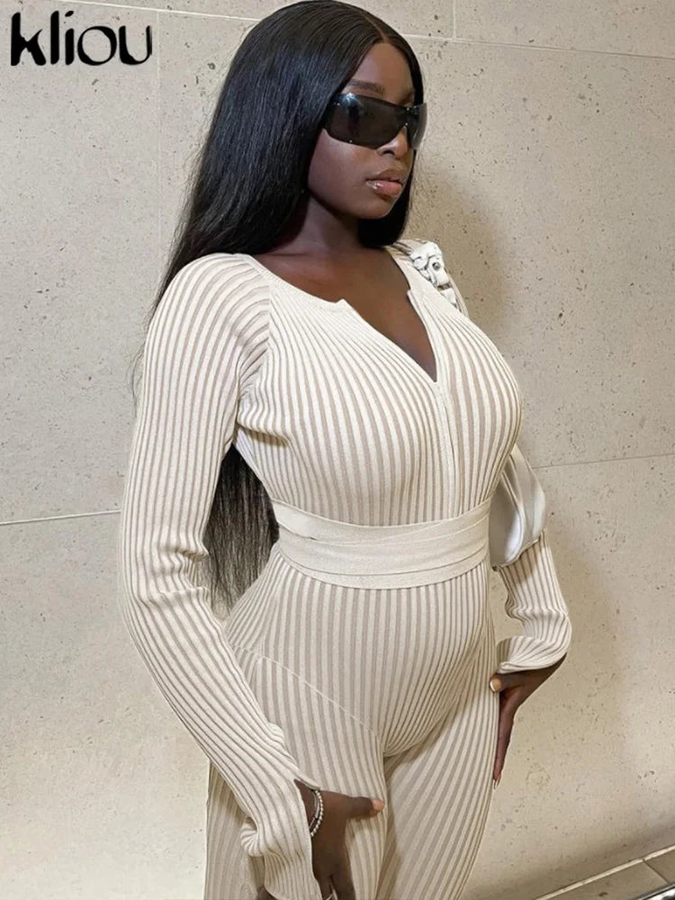 Striped Ruched Split Sleeve Jumpsuit: Women's Casual Autumn Attire - Image 3