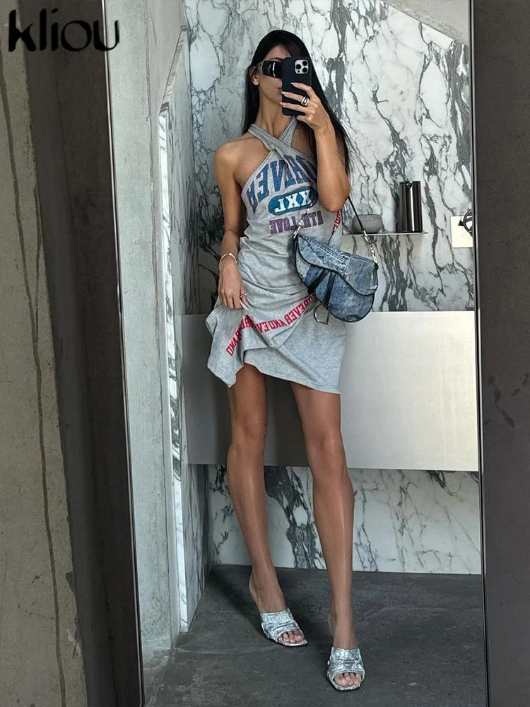 Summer Women's Casual Grey Halter Dress - Image 3