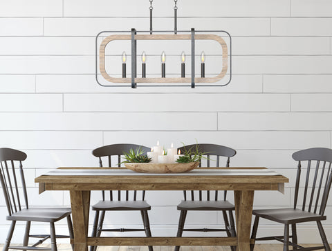 Woodland linear chandelier with 5 lights and wood finish metal frame