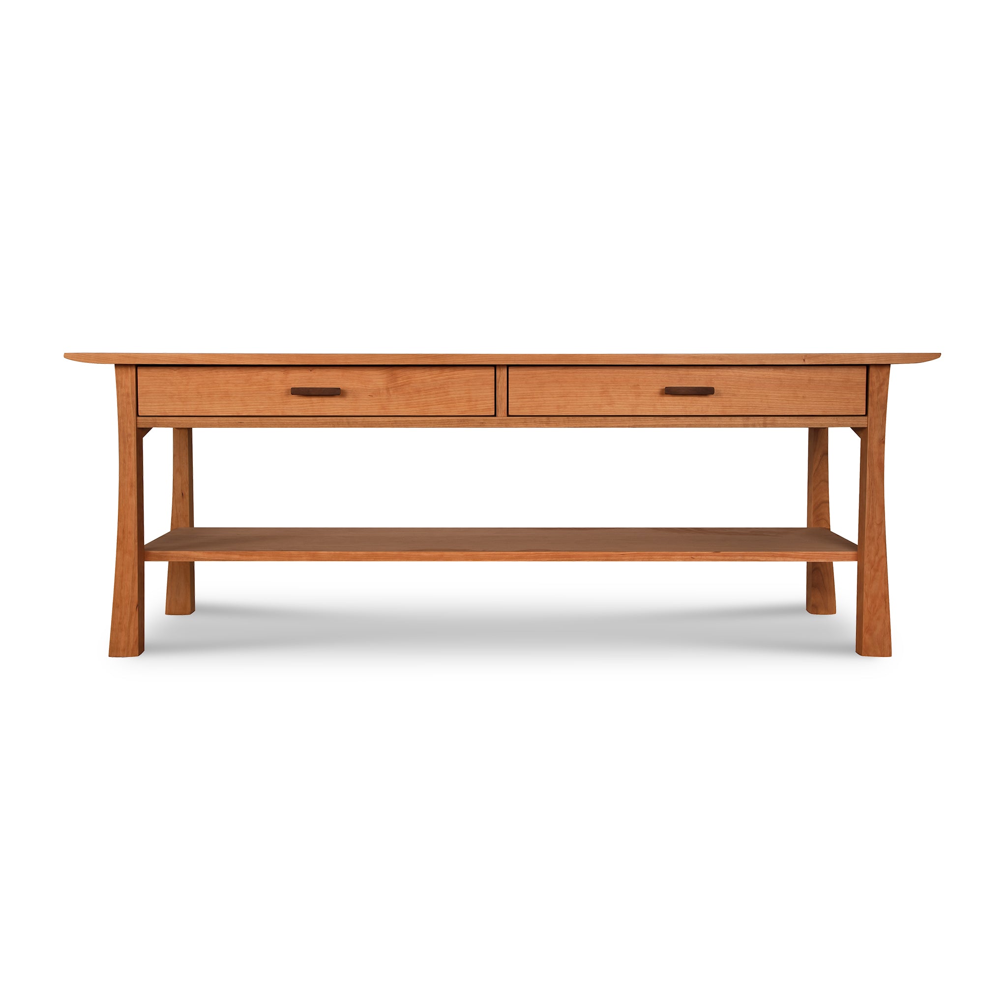 A Contemporary Craftsman Console Coffee Table by Vermont Furniture Designs with two drawers.