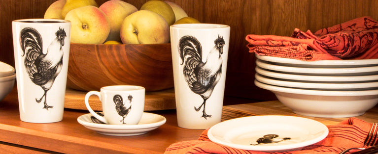 Specialty Handmade Ceramics: Rooster mugs, plates, bowls, vases by Laura Zindel. USA made in Vermont!