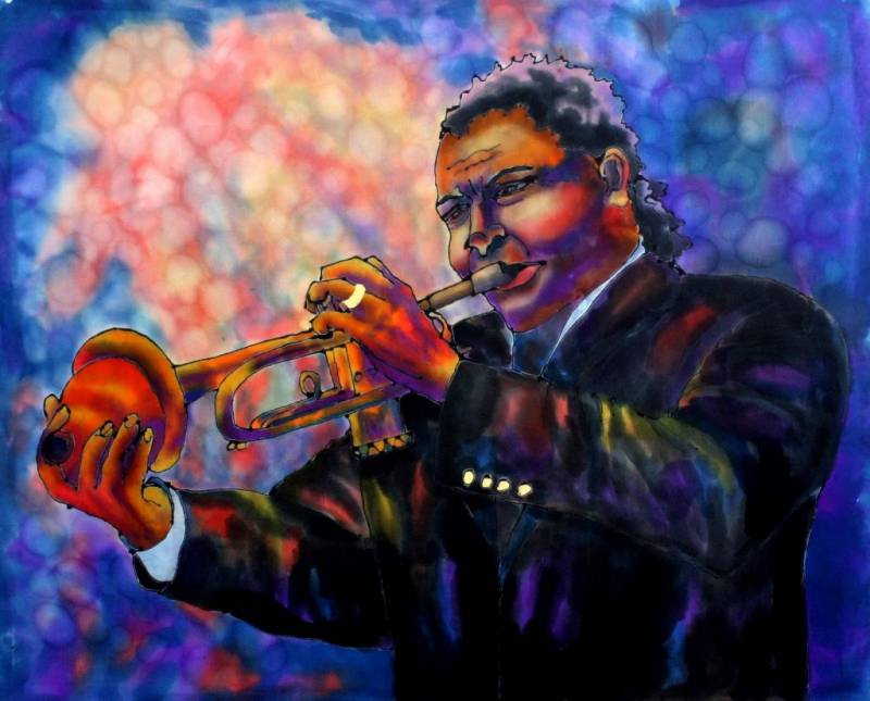 Jazz trumpeter: Miles Davis? Dizzie Gillespie? Original silk painting by Linda Marcille.