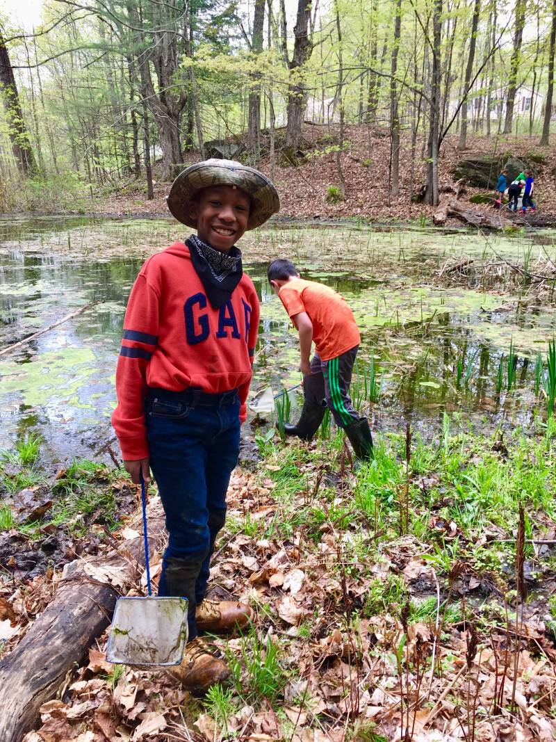 Third Grader taking samples at a forest pond | Environmental Science | Vermont Woods Studios