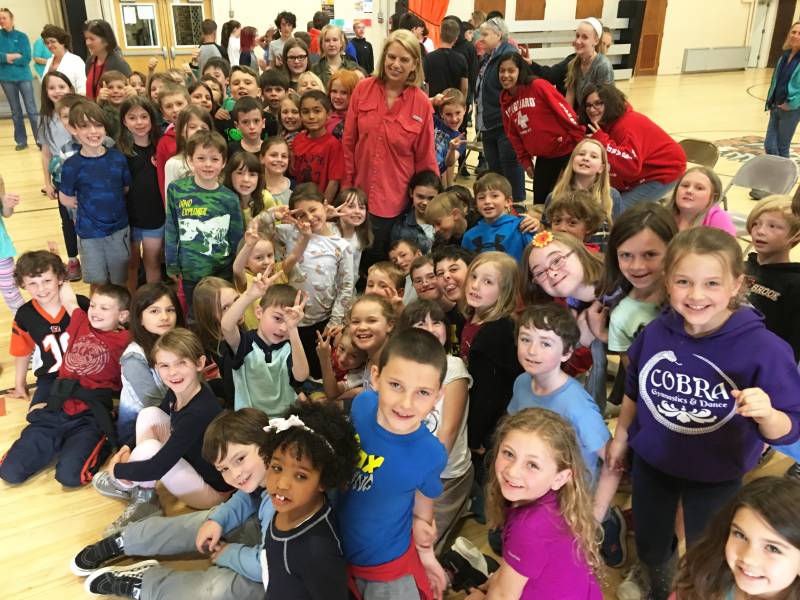 Peggy teaching monarch butterfly conservation at the Flood Brook Elementary School in Londonderry, VT.