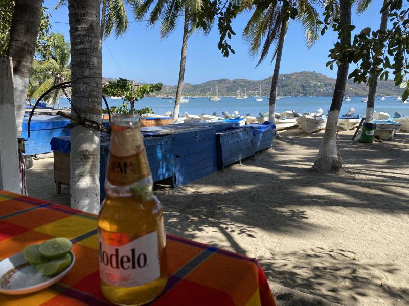 A View of the bay at Nina, Megan and Jose Luis enjoying lunch in Zihuatanejo