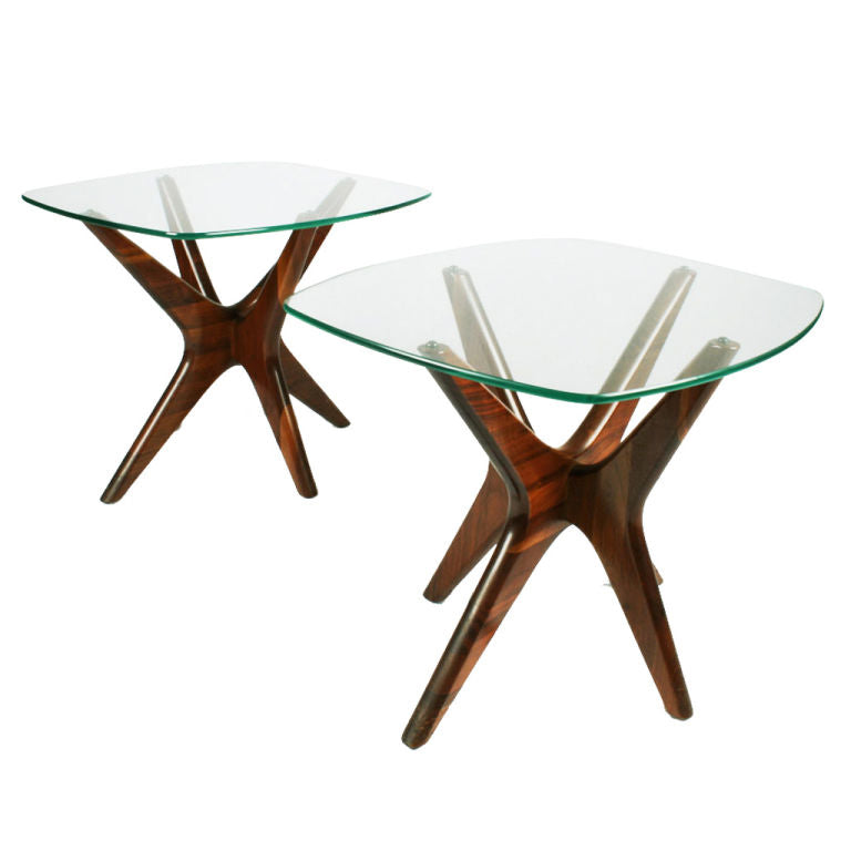 Adrian Pearsall's walnut base and glass top end tables