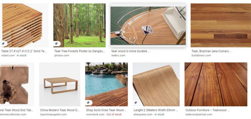 Google Images search results for teak wood showing color, grain, and uses