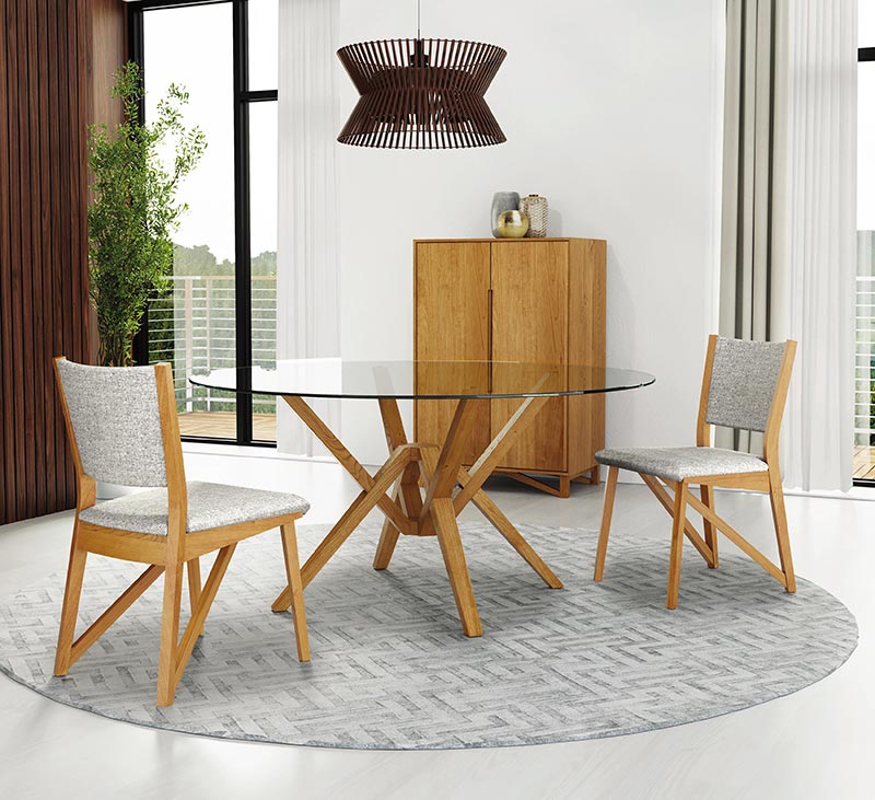 Exeter Round Glass Top Dining Table with a natural cherry base by Copeland Furniture