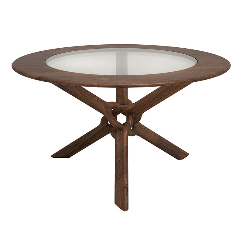 Unity Dining Table by Lyndon Furniture with a glass top and a solid walnut base