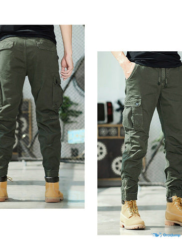 OrcaJump - Mens Cargo Pants Elastic Drawstring Multi-Pocket Solid Colo