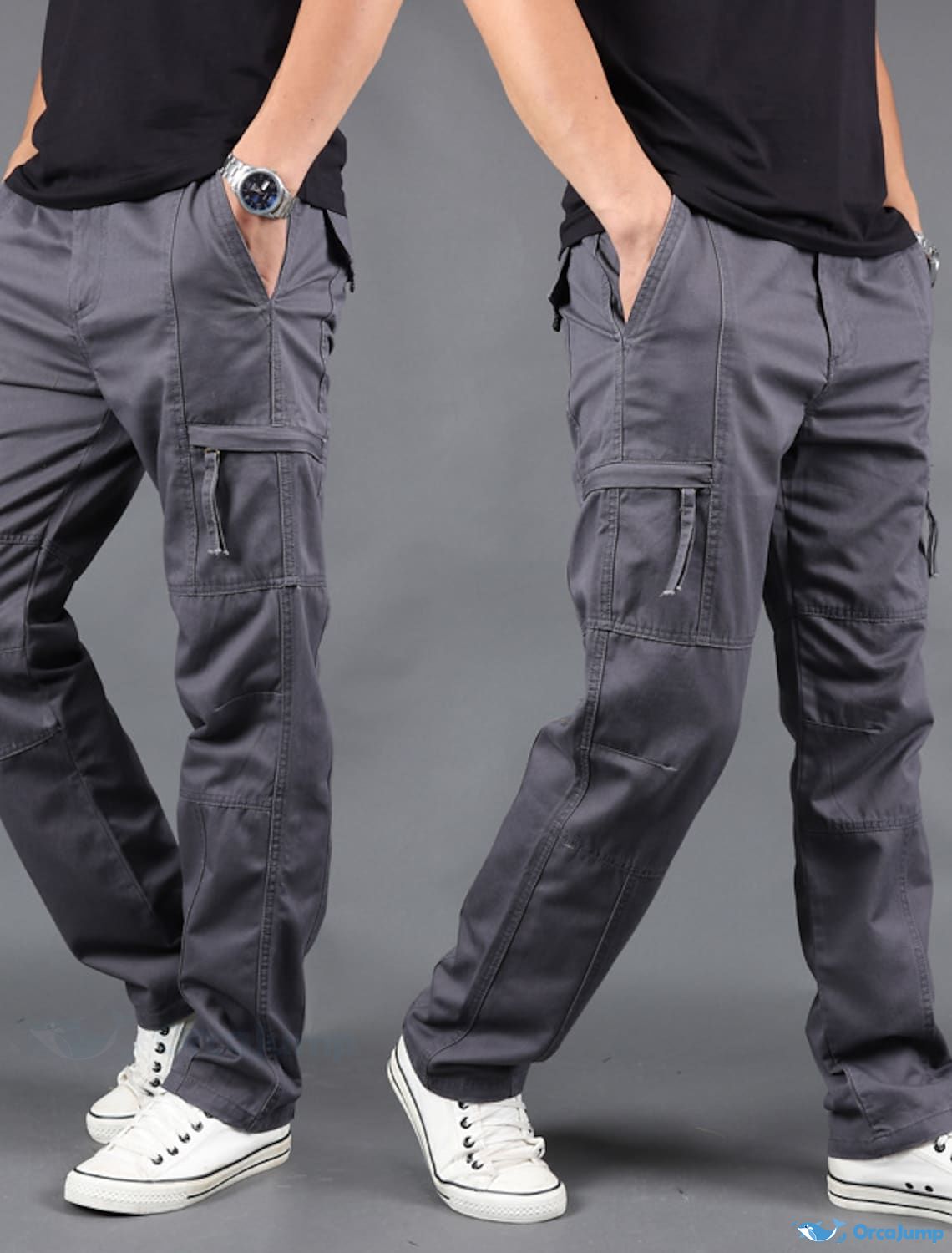OrcaJump - 100% Cotton Multi-Pocket Cargo Pants – Black & Green Army
