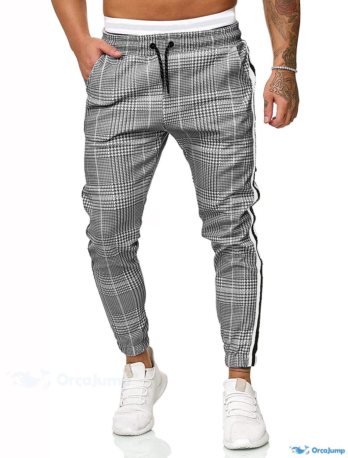 OrcaJump - Mens Jogger Chinos Pants Casual Drawstring Classic Lattice