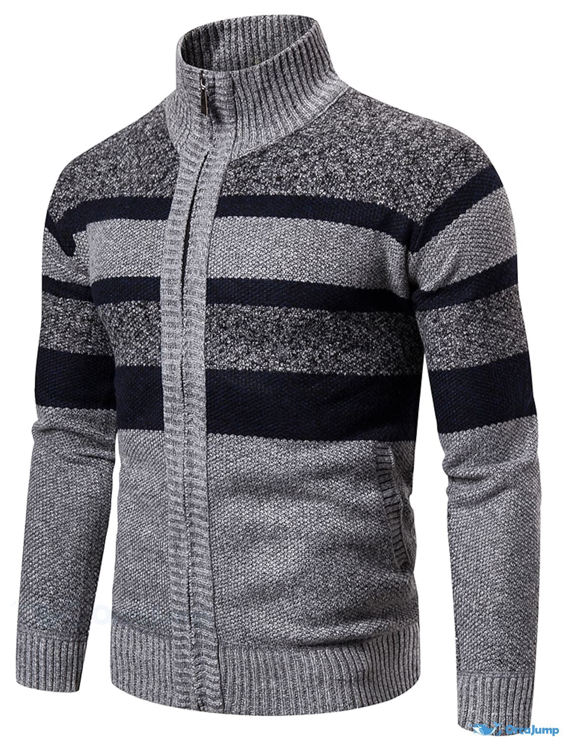 OrcaJump - Striped Stand Collar Sweat Jacket Cardigan Knit Zip Long Sl