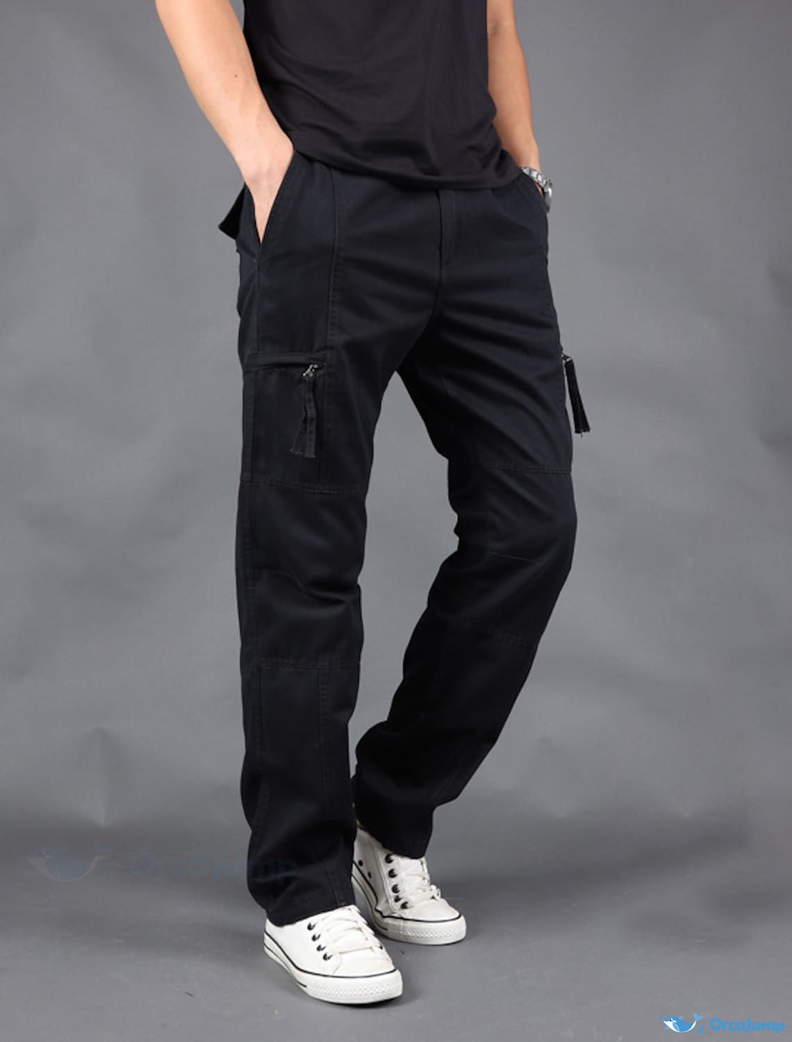 OrcaJump - 100% Cotton Multi-Pocket Cargo Pants – Black & Green Army