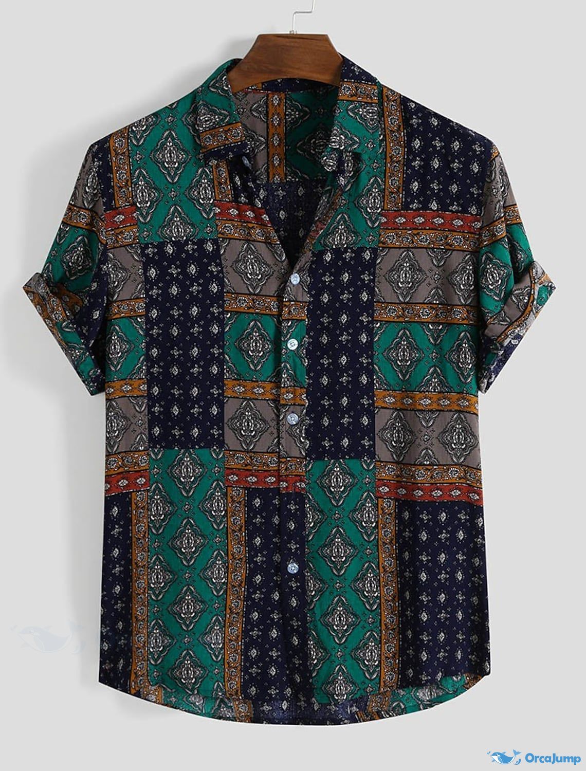 OrcaJump - Mens Printed Short Sleeve Button-Down Shirt - Green, Blue,