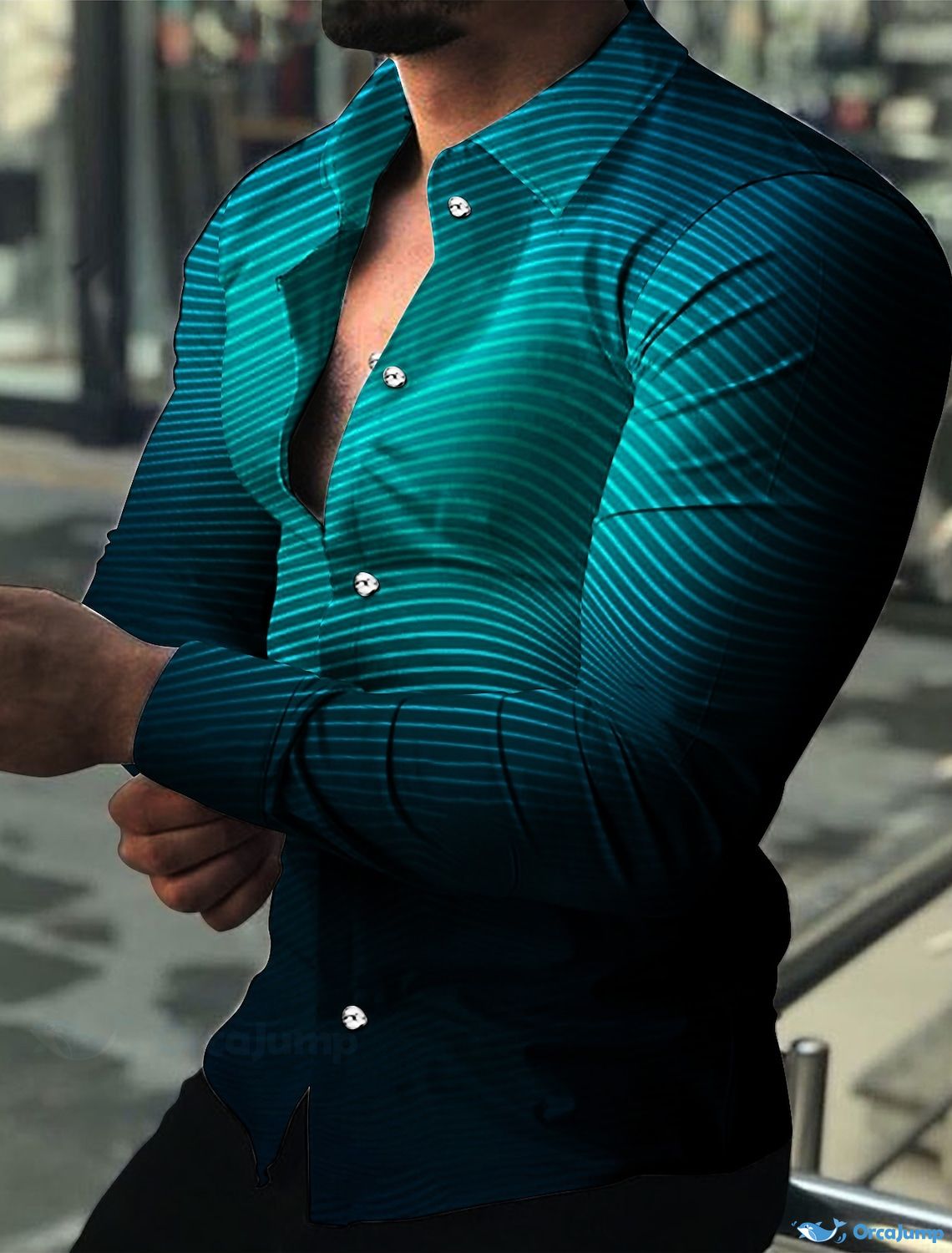 OrcaJump - Mens Long Sleeve Gradient Button Down Shirt - Green Black B