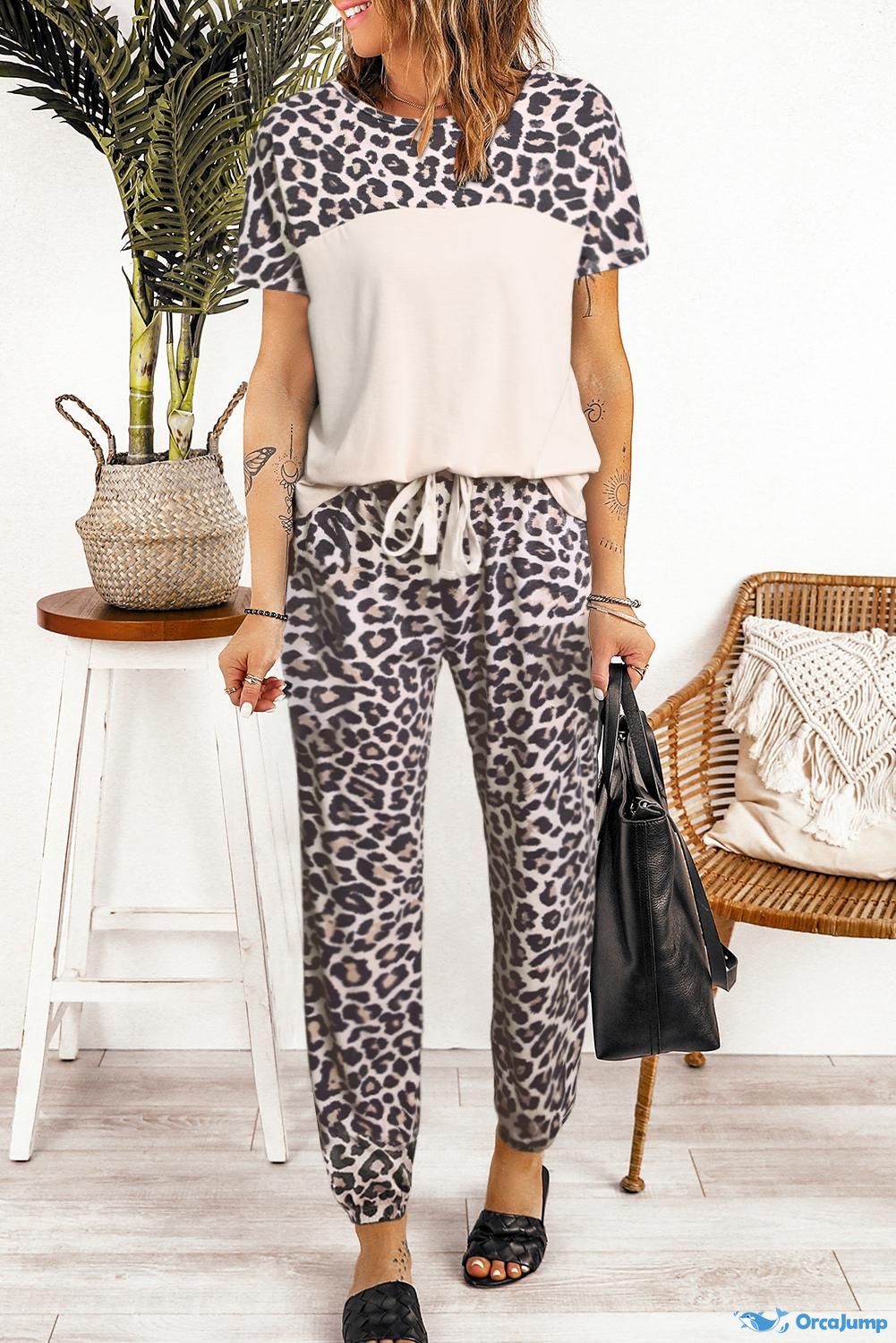 OrcaJump - Leopard Splicing Short Sleeve Two Piece Loungewear with Bac