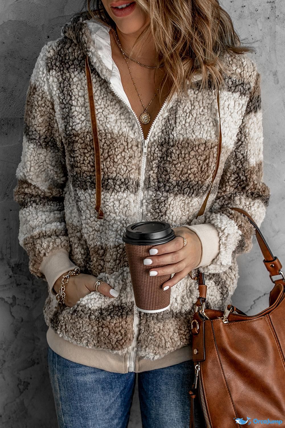 OrcaJump - Khaki Plaid Print Zipped Fleece Hooded Coat
